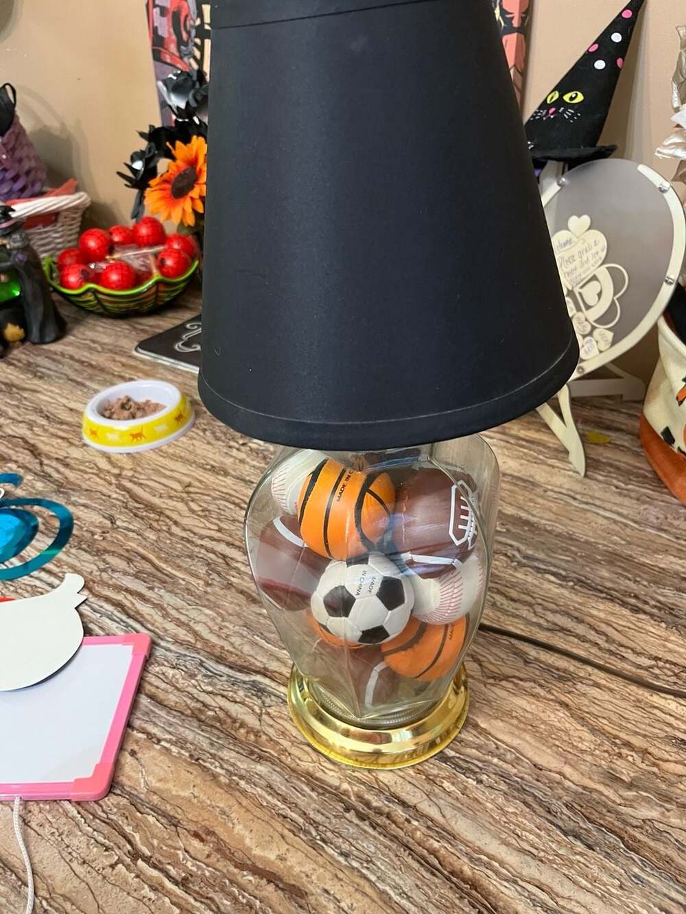Sports Balls Filled Glass Table Lamp with Black Shade